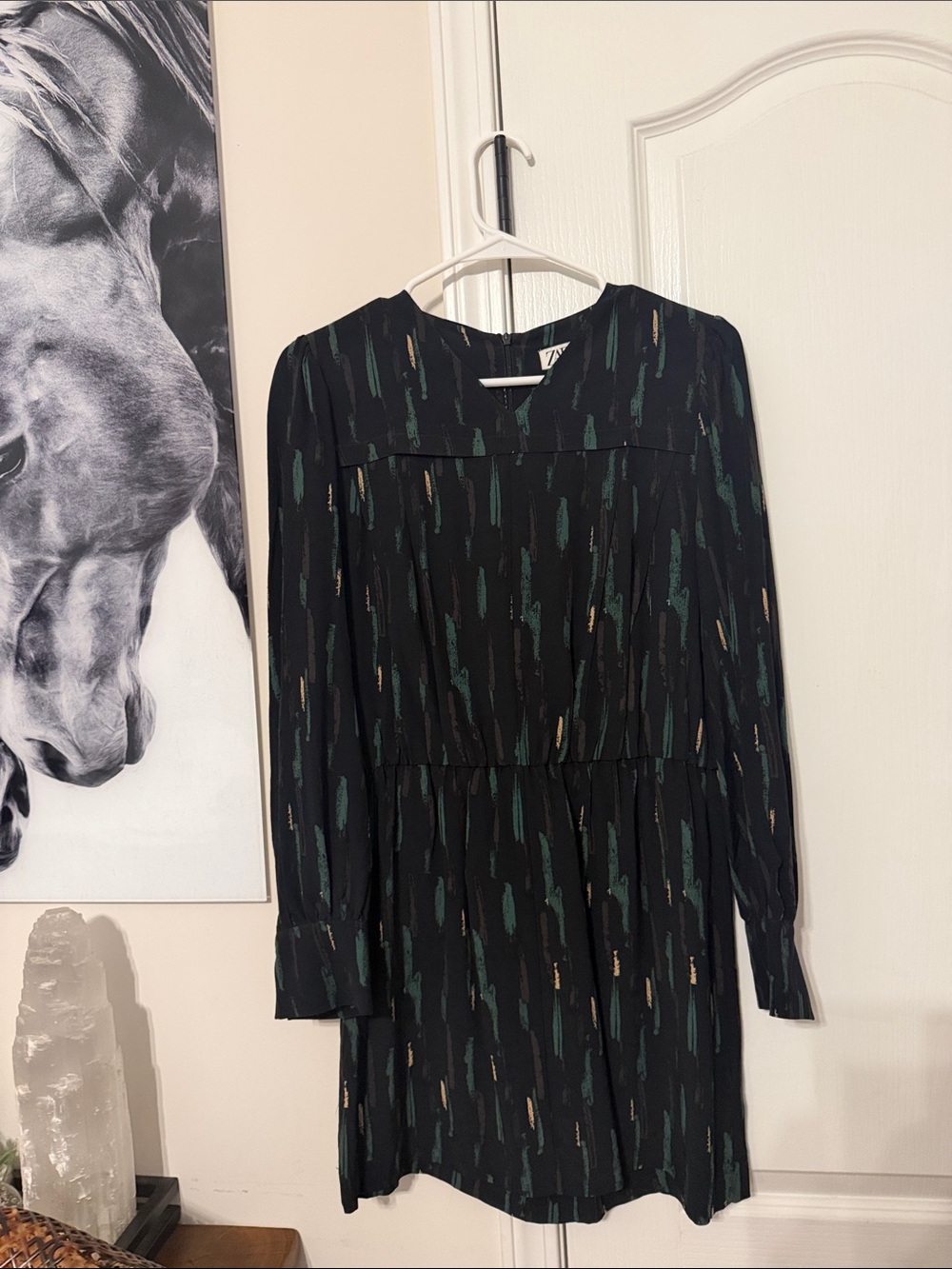 Zara medium Black Long-Sleeve Printed Mini Dress - Green & Gold Accents